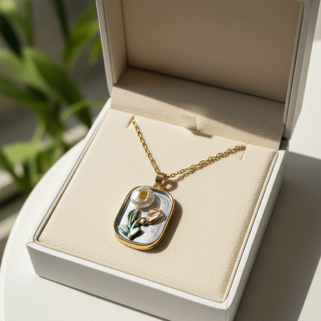 Gold Rectangular Pearl & Teal Tulip Pendant Necklace - Pearl Bloom & Enamel Flower