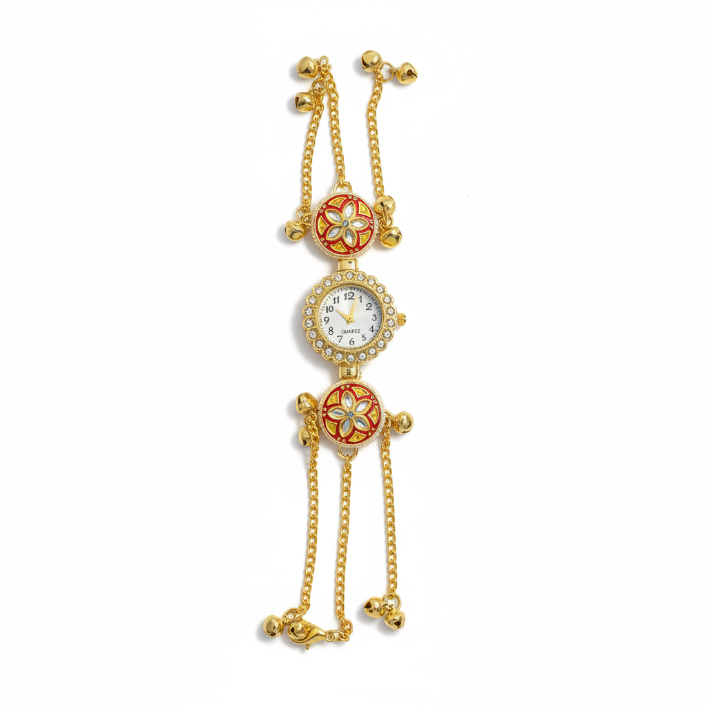 Red Kundan Filigree Sunflower Bracelet Watch - White Background Studio Shot