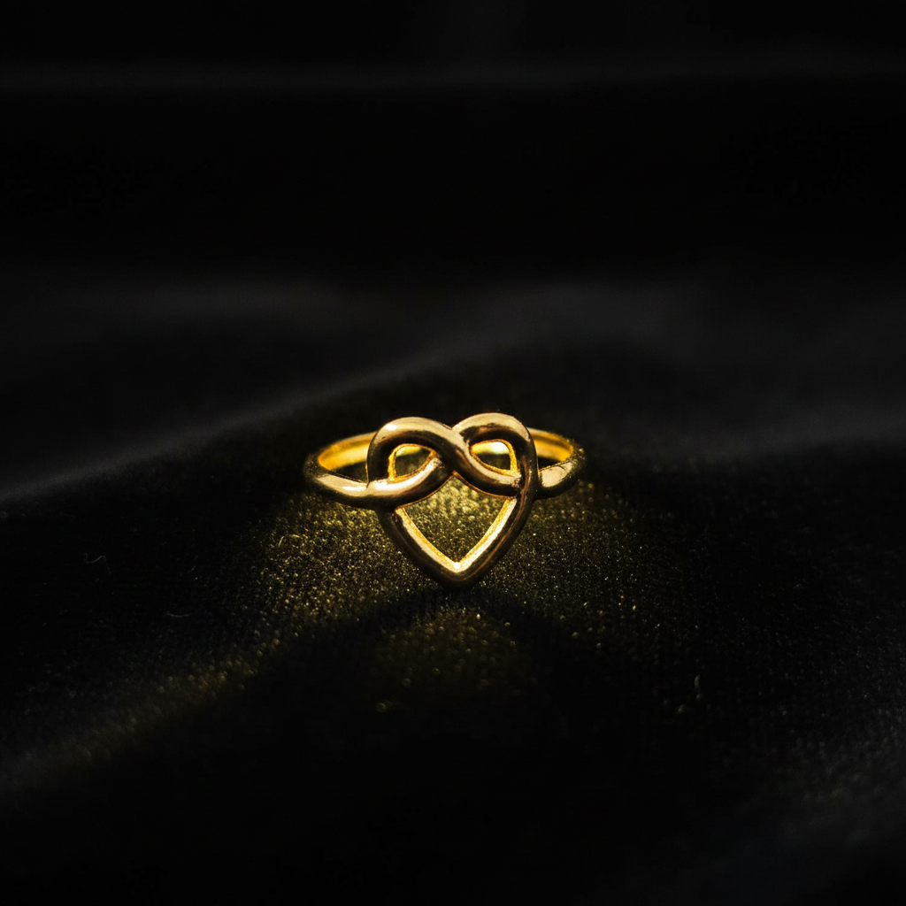 Gold infinity heart open cuff ring on black velvet with dramatic rim lighting