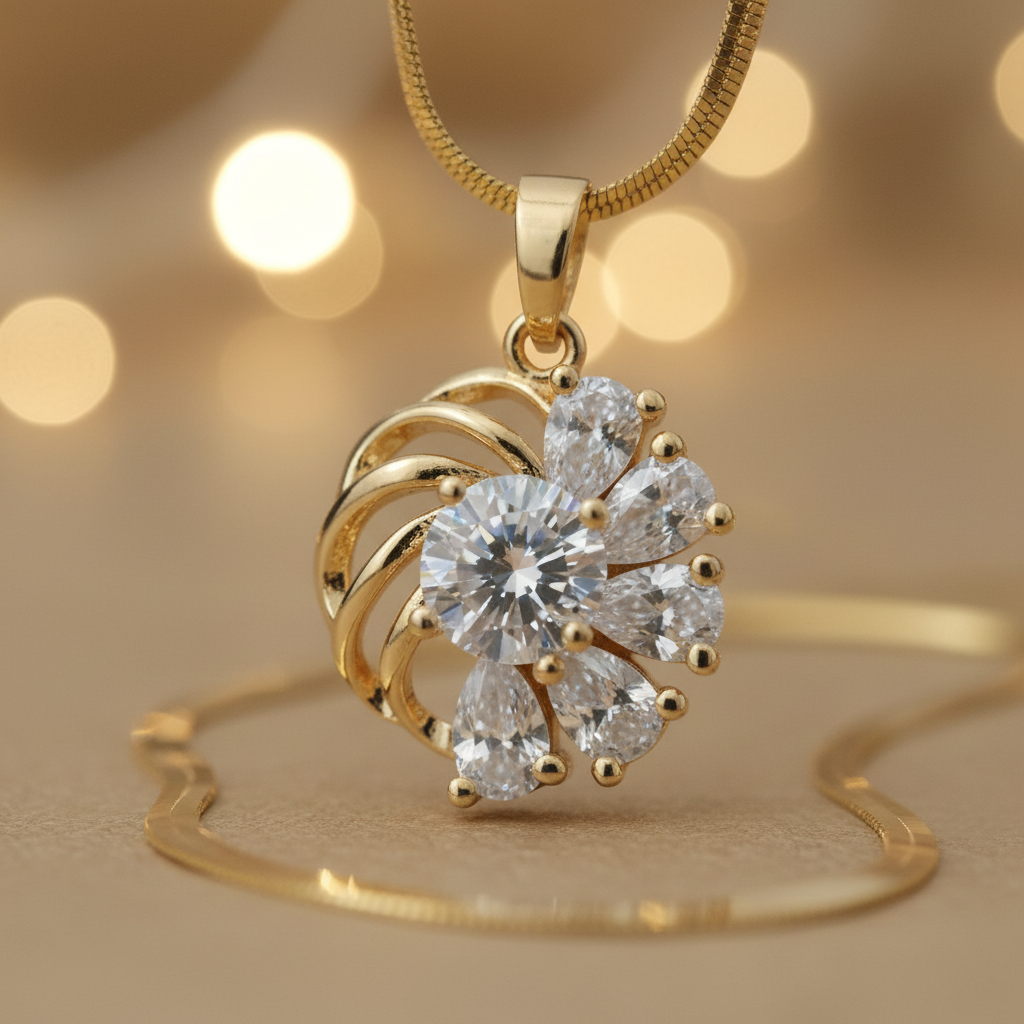 CZ Sunburst Cluster Pendant Necklace | Anti-Tarnish Gold Snake Chain
