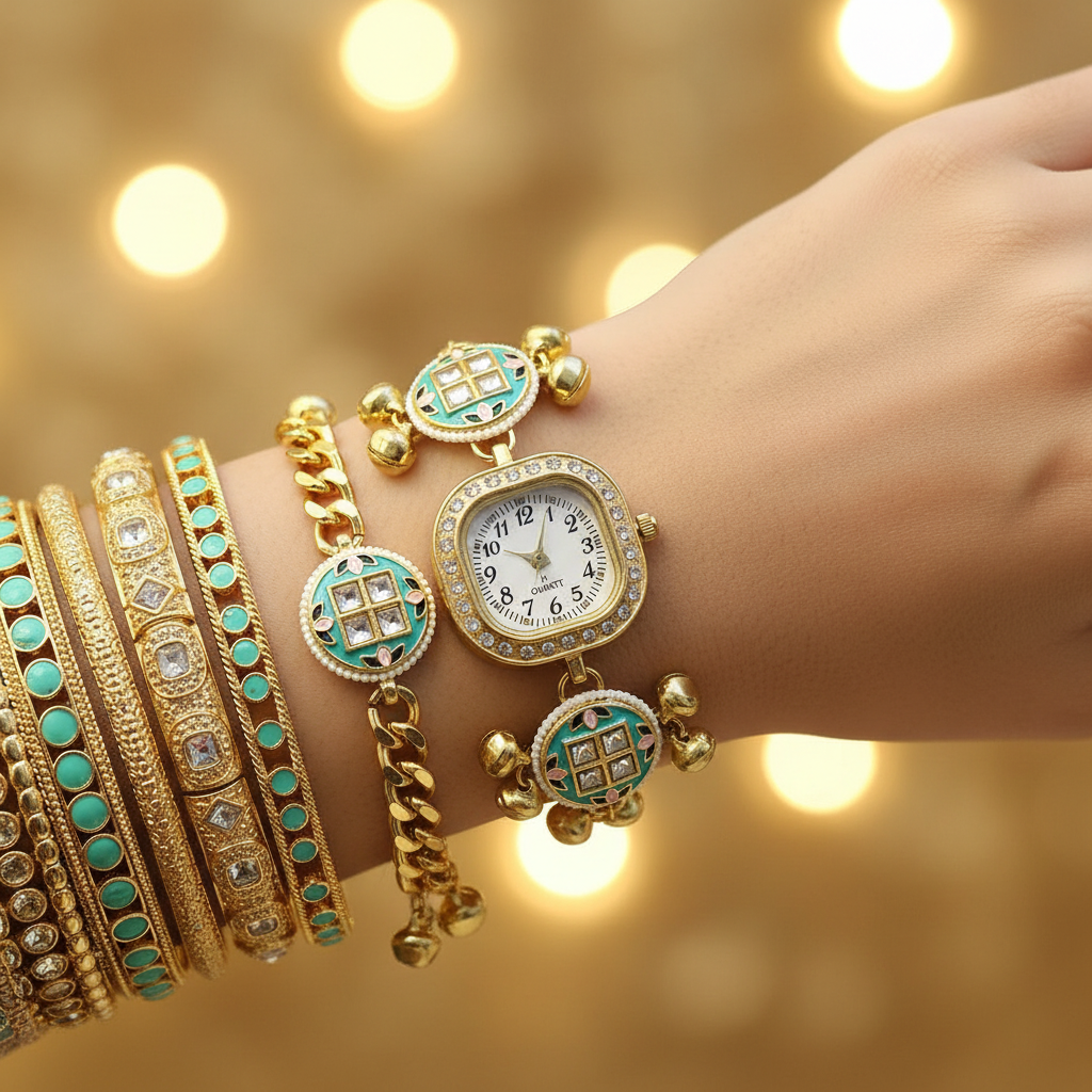 Teal Kundan Lattice Bracelet Watch - Wrist Lifestyle Shot