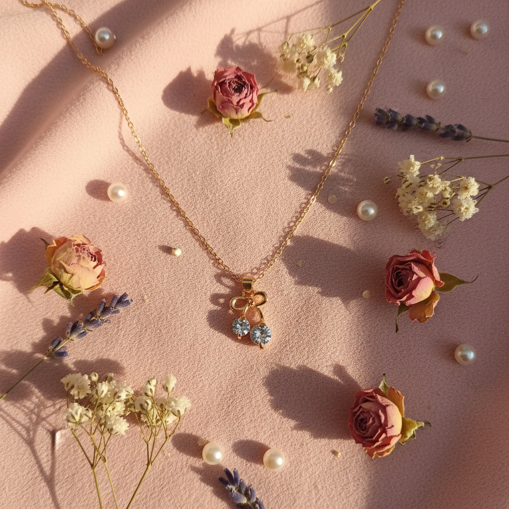 Gold Bow CZ Crystal Drop Necklace