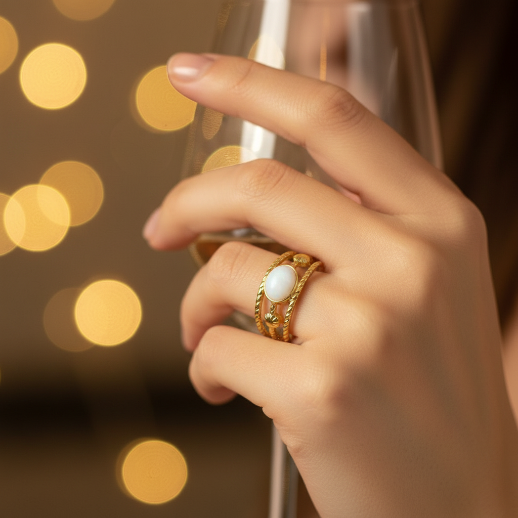 Gold triple twisted rope band white oval stone open cuff ring worn on finger with warm golden bokeh