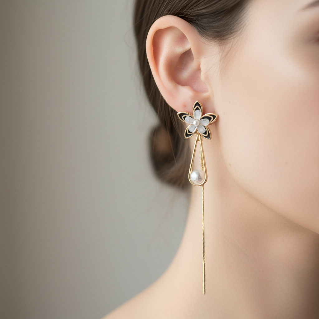 Gold Black Flower Pearl Drop Earrings
