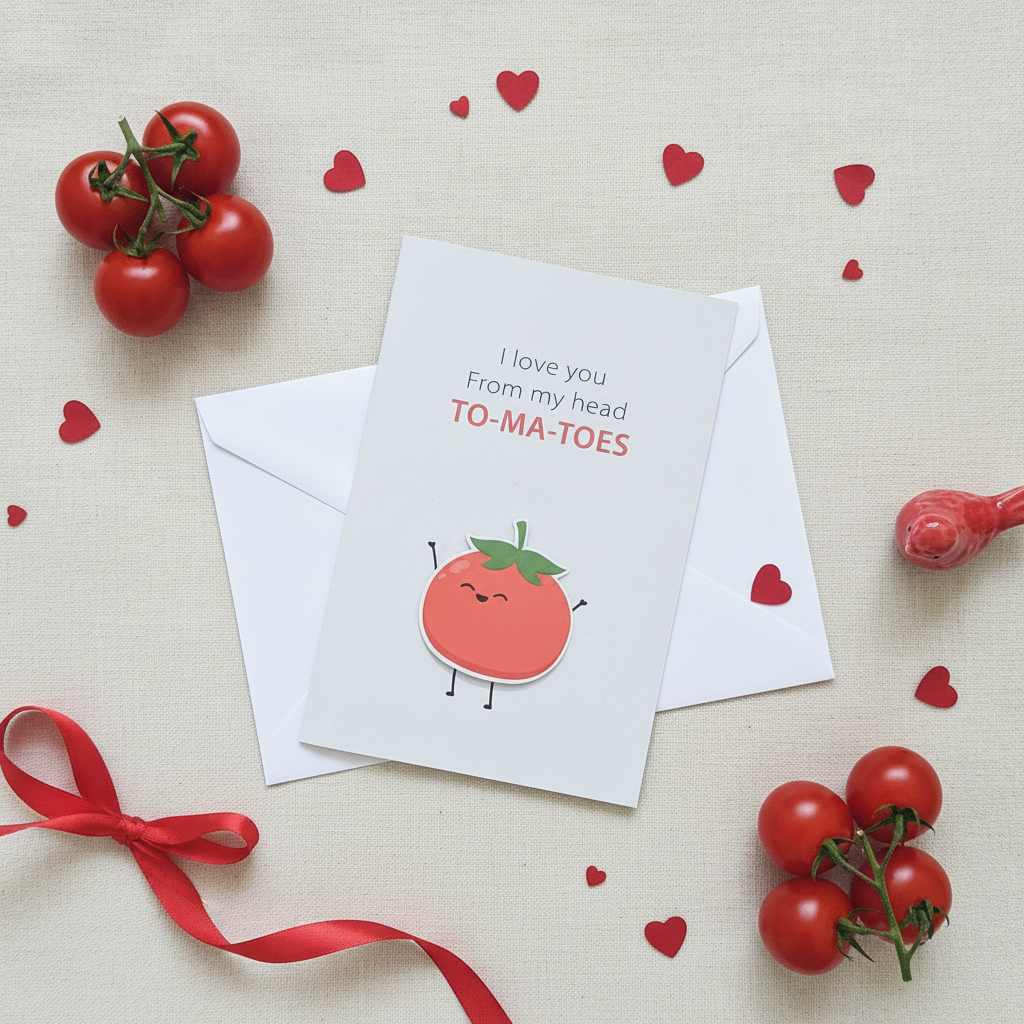 Flat lay composition of tomato greeting card with envelope and sweet decorative elements