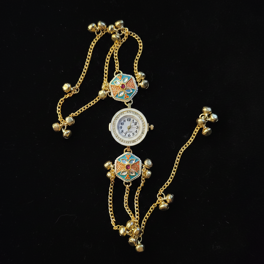 Hexagonal Meenakari Bracelet Watch - Dark Velvet Background
