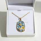 Gold Blue Enamel Floral Pendant Necklace - White Flower & Gold Centre
