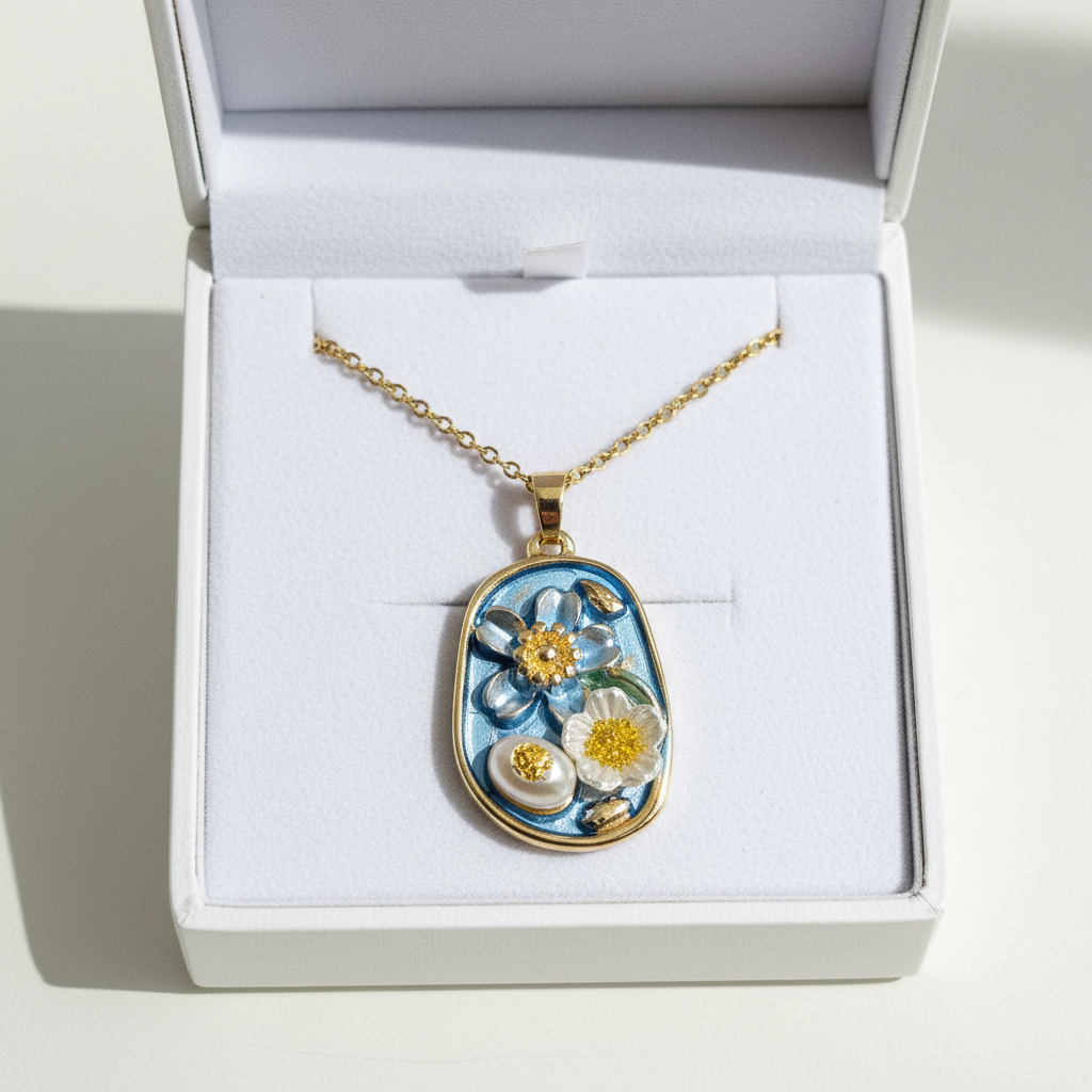 Gold Blue Enamel Floral Pendant Necklace - White Flower & Gold Centre