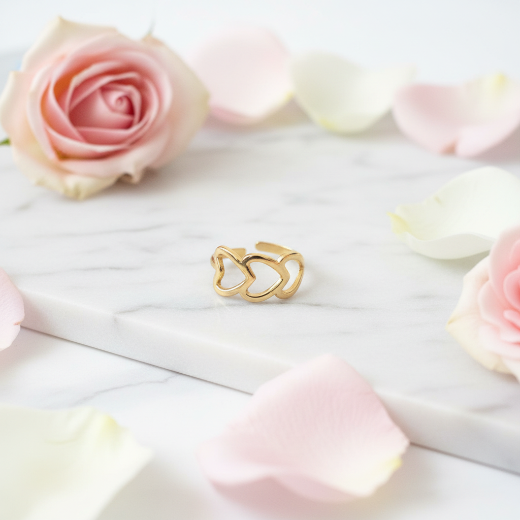 Gold Triple Open Heart Adjustable Ring - Romantic Linked Hearts Ring