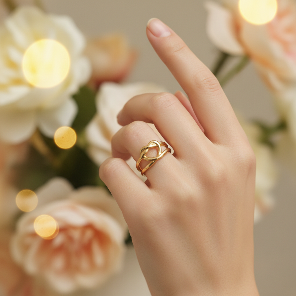 Gold heart cutout open cuff ring worn on finger with floral bokeh background