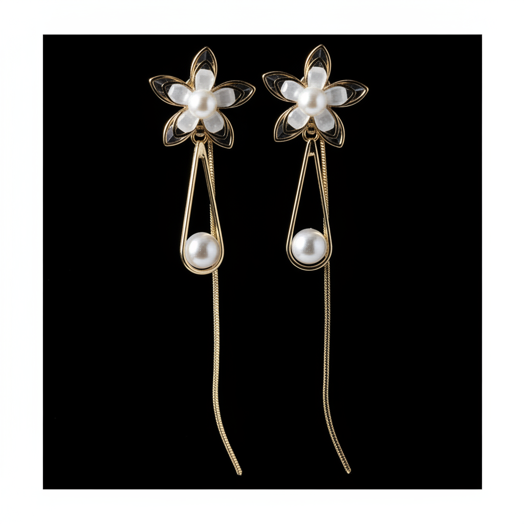 Gold Crystal Flower Pearl Drop Earrings