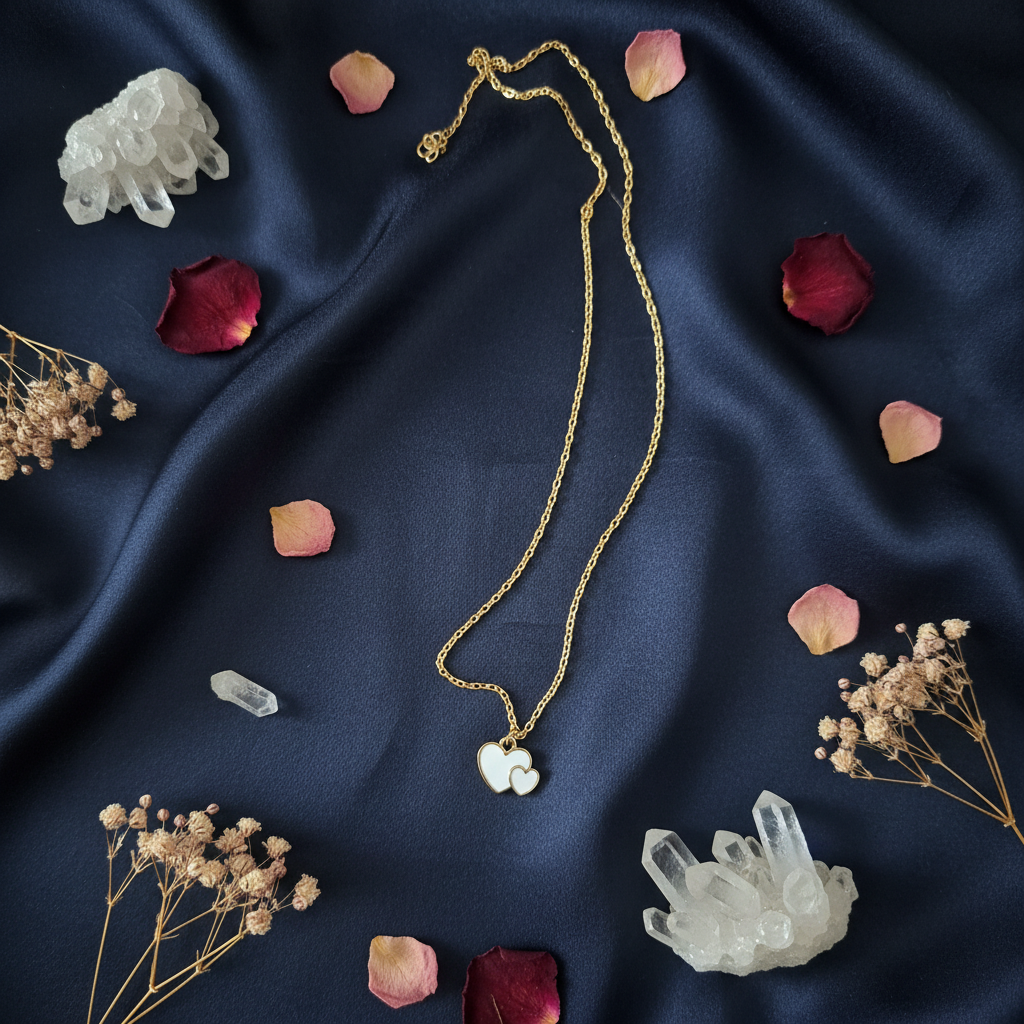 Double White Heart Charm Necklace – Gold Chain