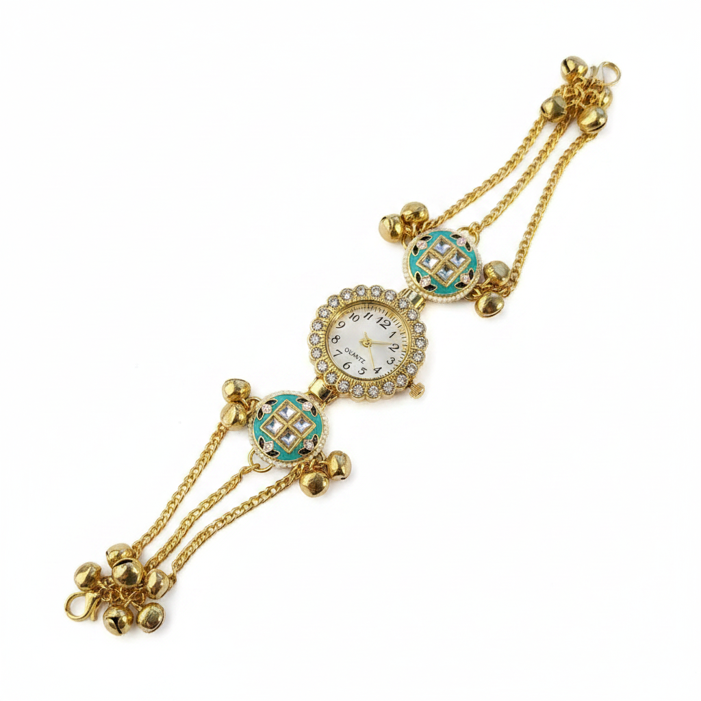 Teal Kundan Lattice Bracelet Watch - White Studio Shot