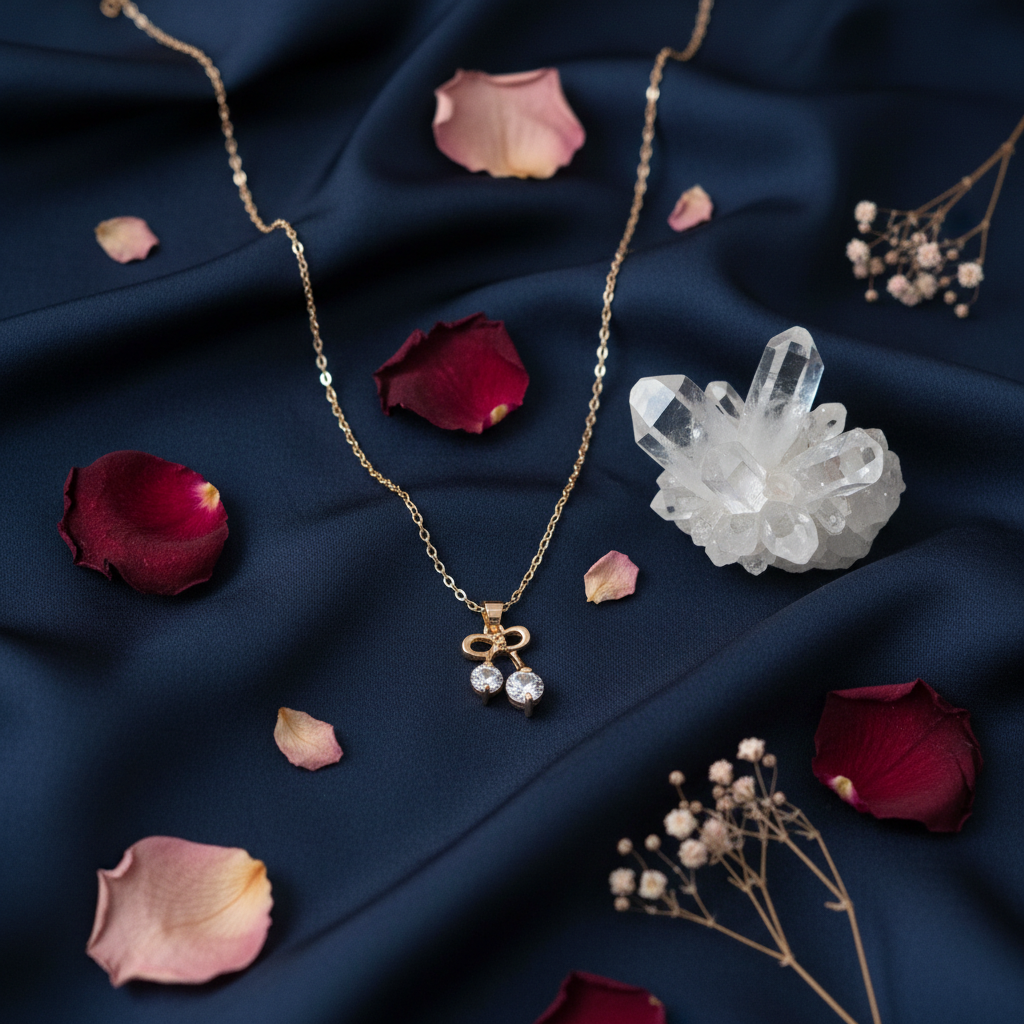 Gold Bow CZ Crystal Drop Necklace