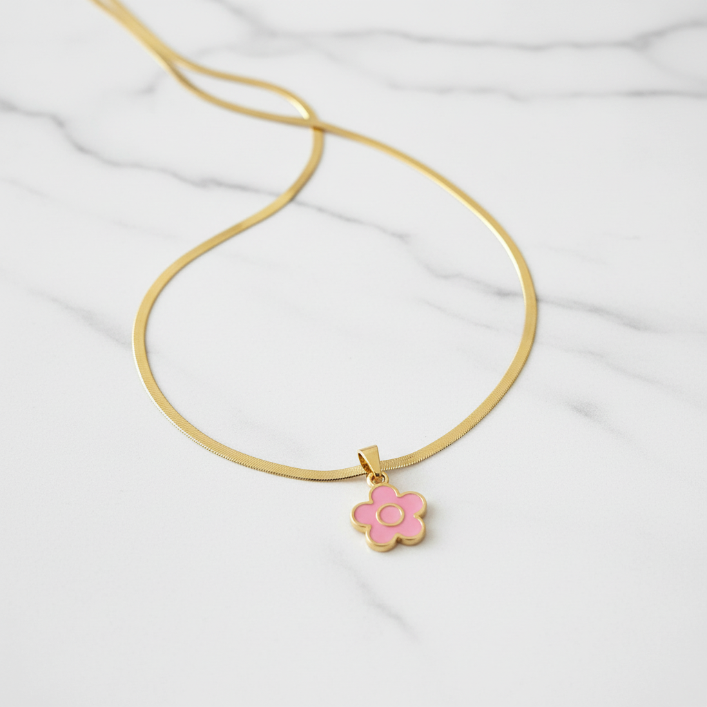 Pink Enamel Daisy Flower Pendant Necklace | Anti-Tarnish Gold Snake Chain