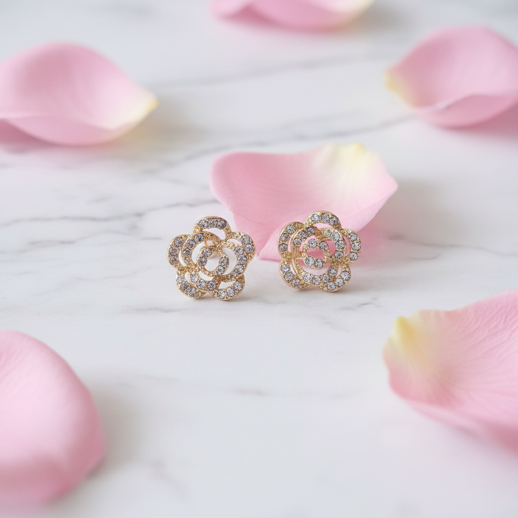Styled flat-lay shot of Violet Vows gold rose stud earrings with pavé crystals surrounded by pink petals on marble.