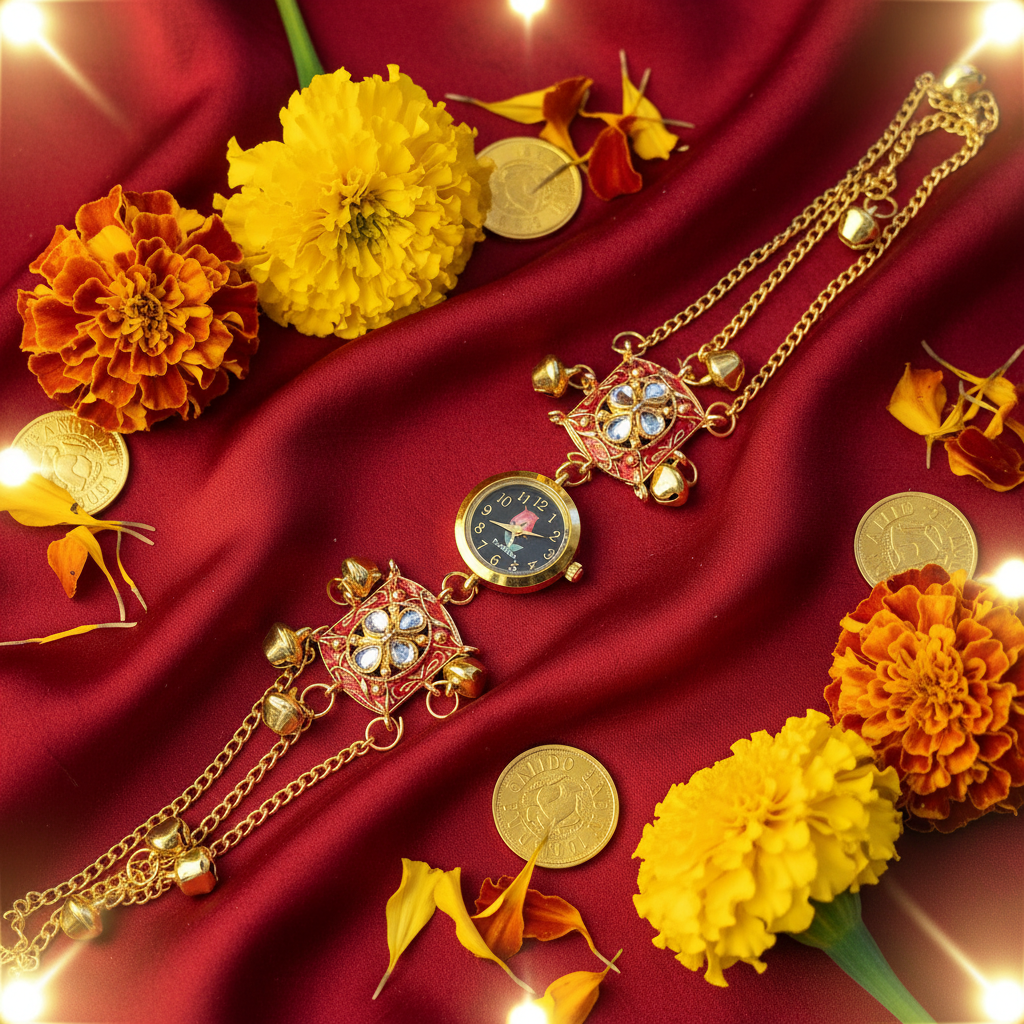 Red Meenakari Star Charm Bracelet Watch - Red Silk Festive Flat Lay