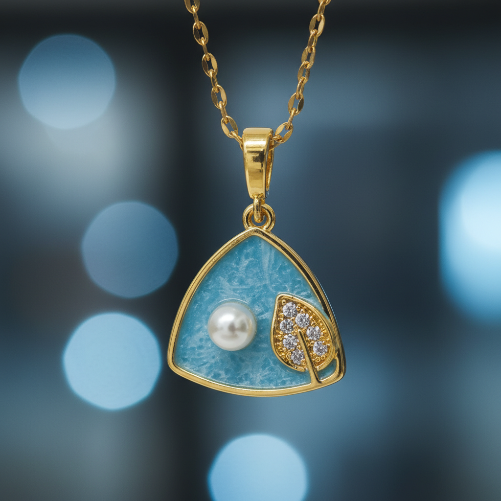 Blue Triangle Pearl & CZ Pendant Necklace | Anti-Tarnish Gold Chain