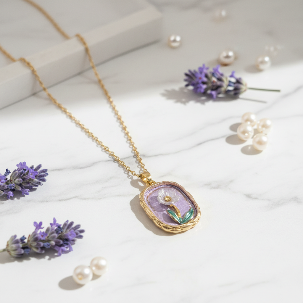Gold Lavender Enamel Floral Pendant Necklace - White Flower & Teal Leaf