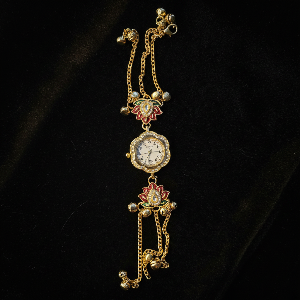 Lotus Meenakari Sunflower Bracelet Watch - Dark Velvet Background