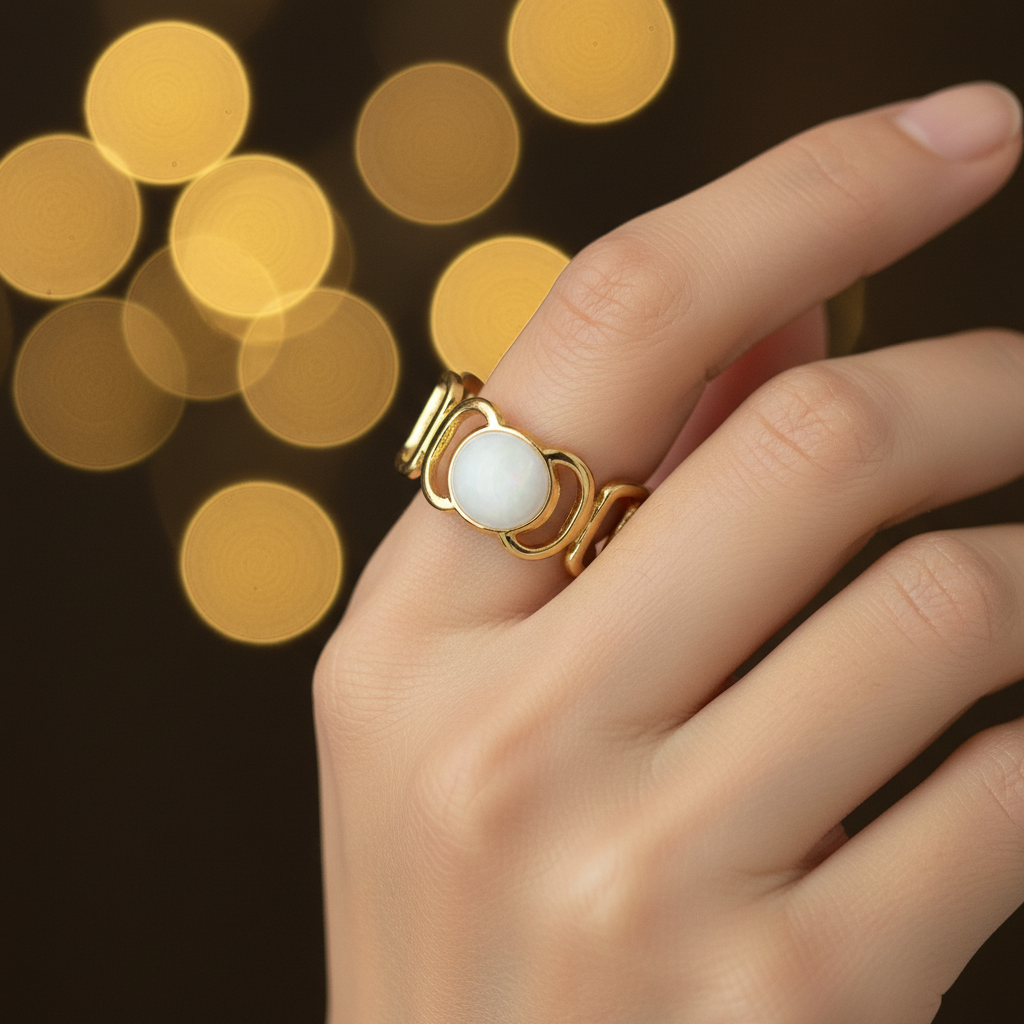 Gold geometric cutout wide band ring with white oval stone worn on finger with warm golden bokeh