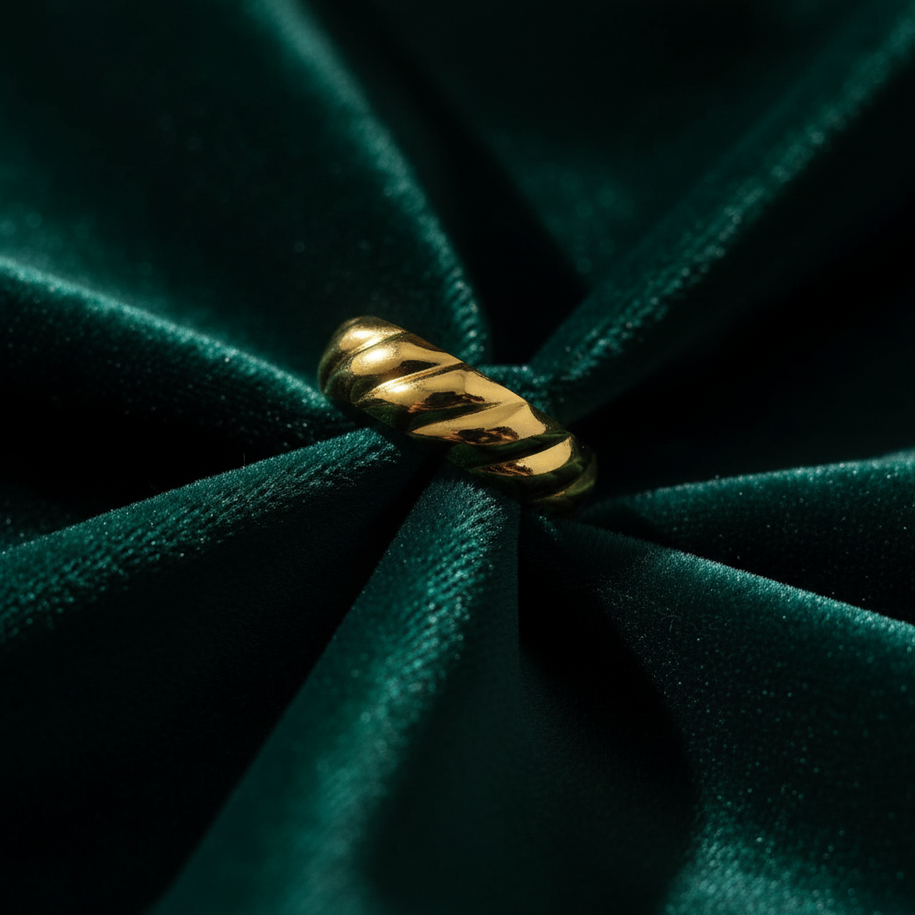 Gold twisted croissant ring on emerald green velvet fabric