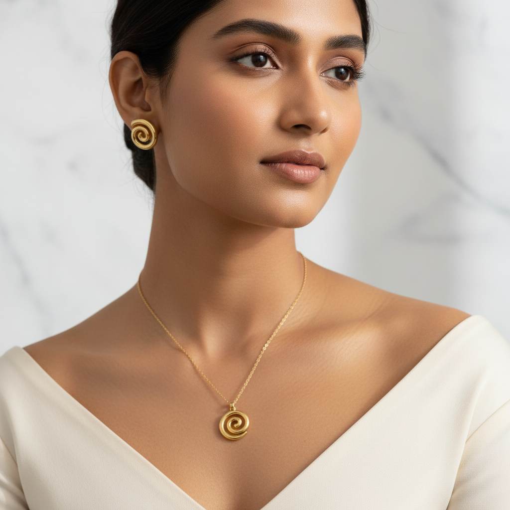 Model wearing gold spiral stud earrings and matching spiral pendant necklace on gold chain - editorial jewelry set by Violet Vows