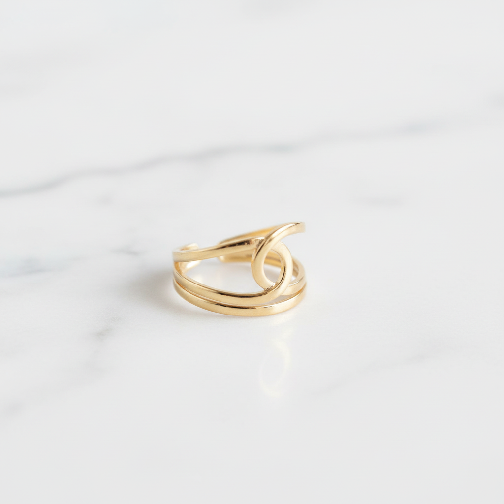 Gold Geometric Double Circle Wrap Adjustable Ring - Modern Statement Ring