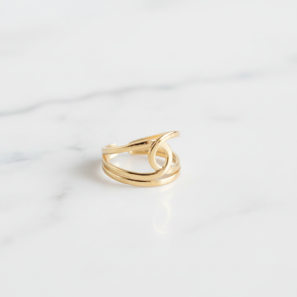 Gold Geometric Double Circle Wrap Adjustable Ring - Modern Statement Ring