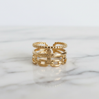 Gold Multi-Layer Beaded Cross & Chain Link Open Ring - white marble product shot