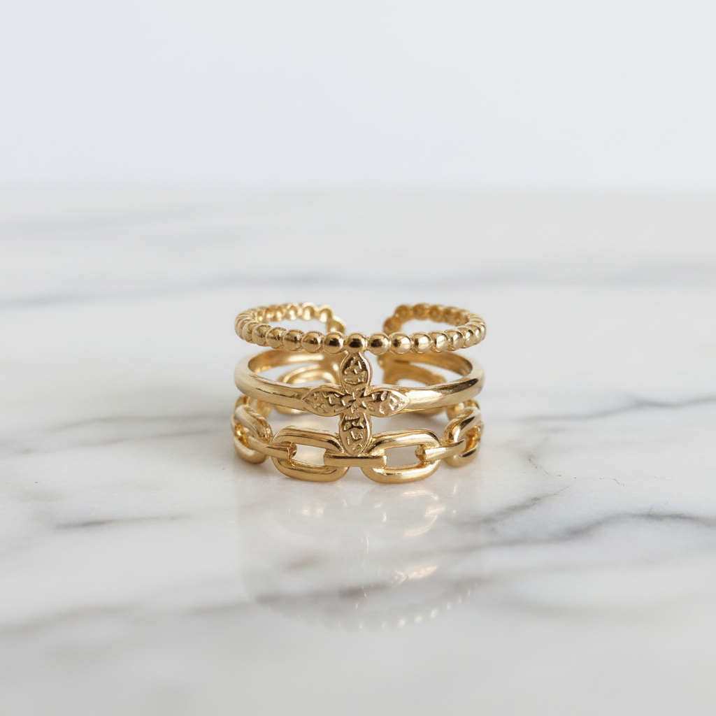 Gold Multi-Layer Beaded Cross & Chain Link Open Ring - white marble product shot
