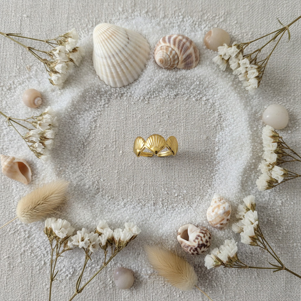 Gold triple seashell ring flat lay with real seashells and fine white sand on linen