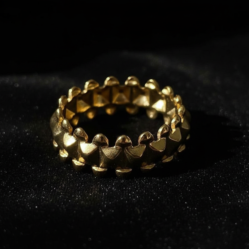 Gold Double Spike Pyramid Crown Open Cuff Ring - black velvet dramatic editorial shot