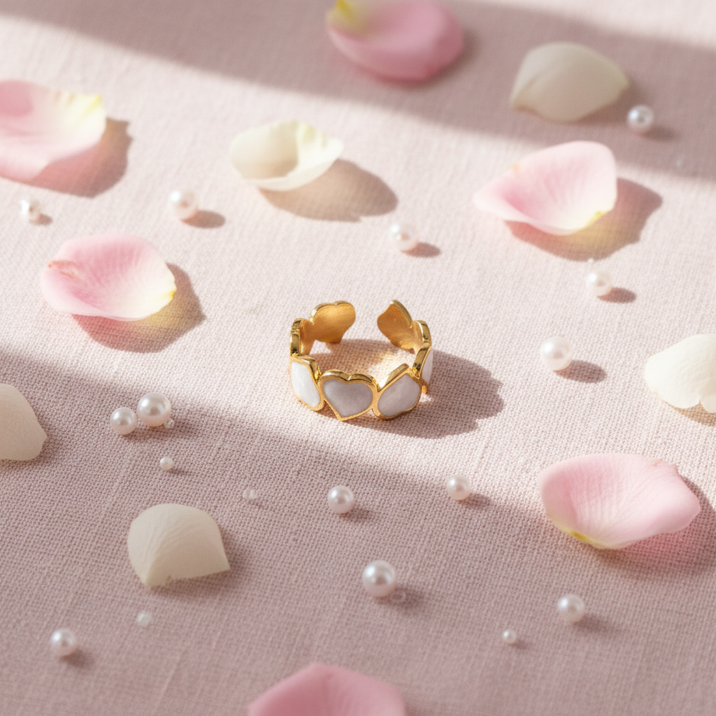 Gold white enamel heart band open cuff ring on blush pink linen with rose petals