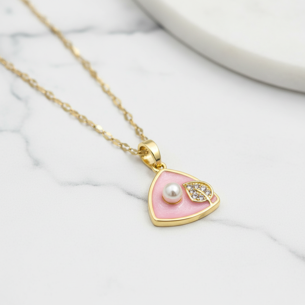 Pink Triangle Pearl & CZ Pendant Necklace | Anti-Tarnish Gold Chain