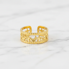 Gold Celestial Moon & Star Cutout Wide Cuff Open Ring - white marble product shot