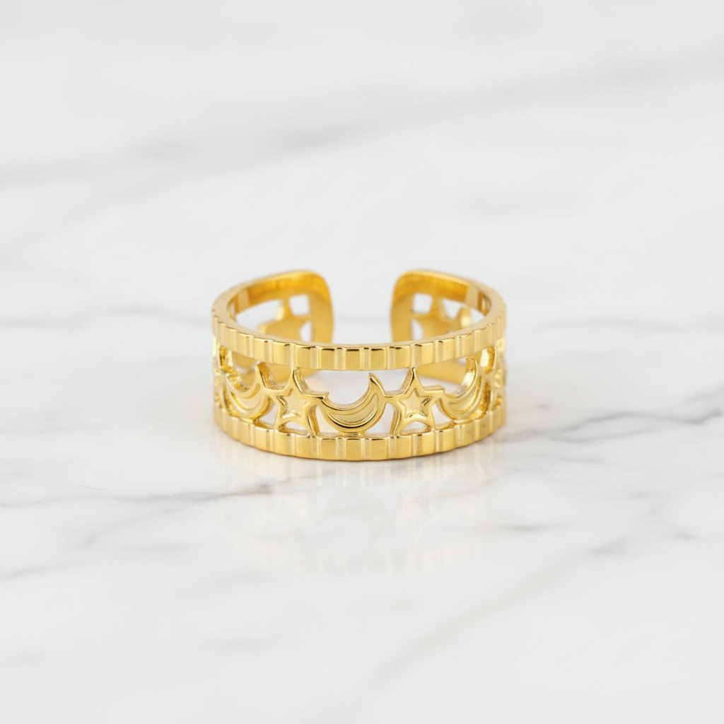 Gold Celestial Moon & Star Cutout Wide Cuff Open Ring - white marble product shot