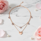 Rose Gold Double Layer Heart Necklace - Crystal Heart Stones & Heart Pendant