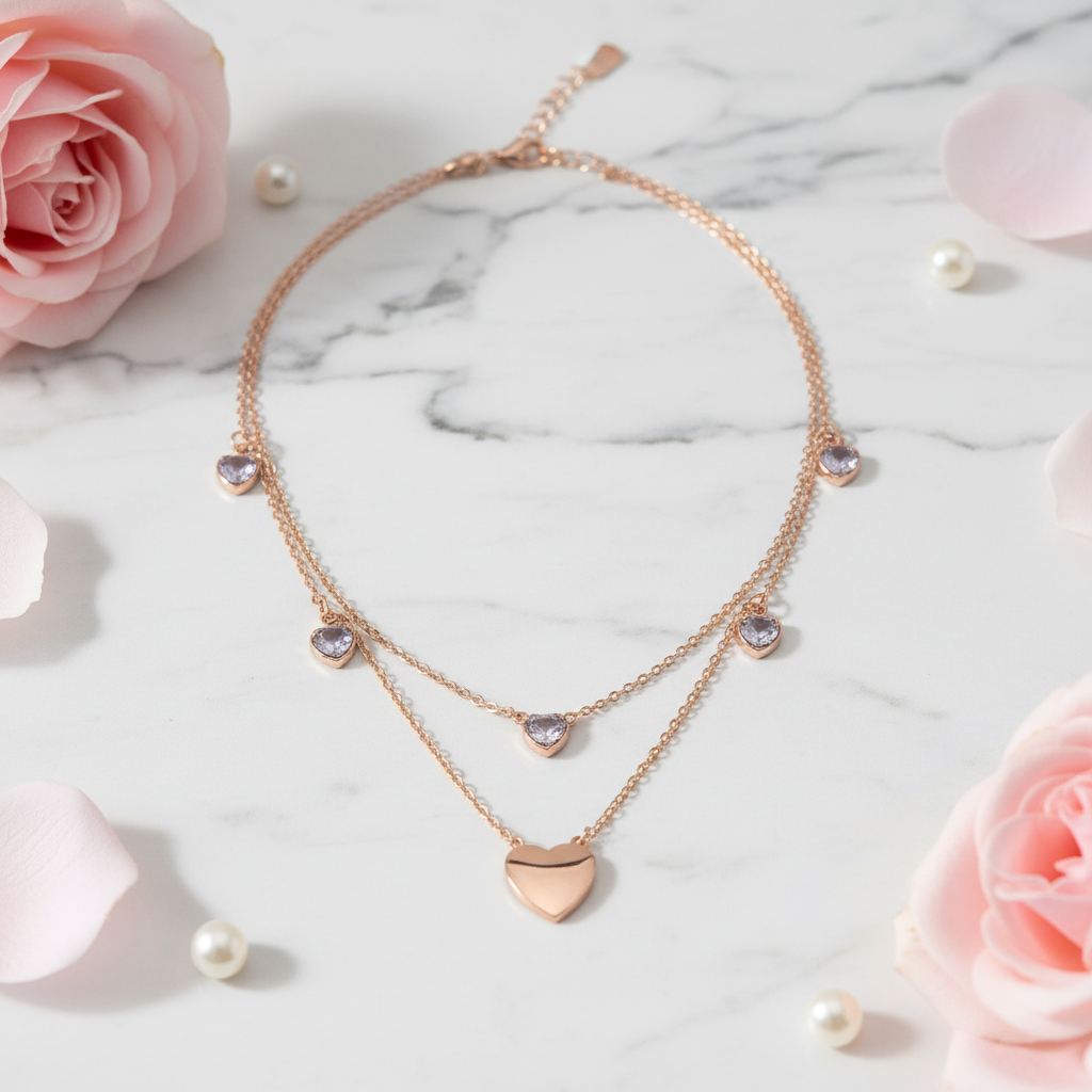 Rose Gold Double Layer Heart Necklace - Crystal Heart Stones & Heart Pendant