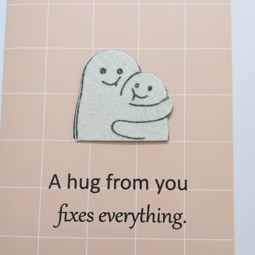 Close-up detail of two hugging figures with sweet faces