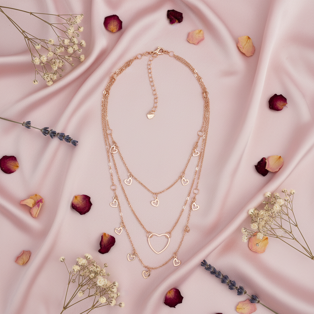 Rose Gold Triple Layer Heart Charm Necklace - Hollow Heart Charms & Open Heart Pendant