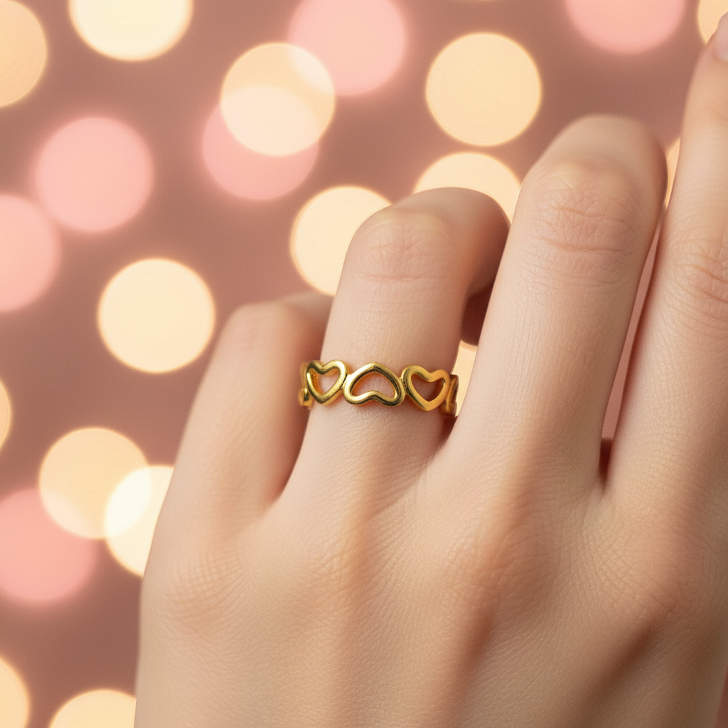 Gold open heart cutout band open cuff ring worn on finger with romantic pink and golden bokeh