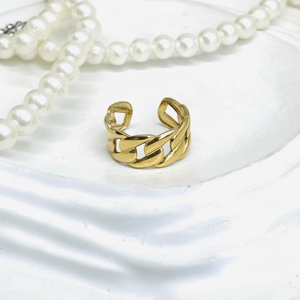 Gold Cuban Link Chain Open Cuff Ring - white marble product shot