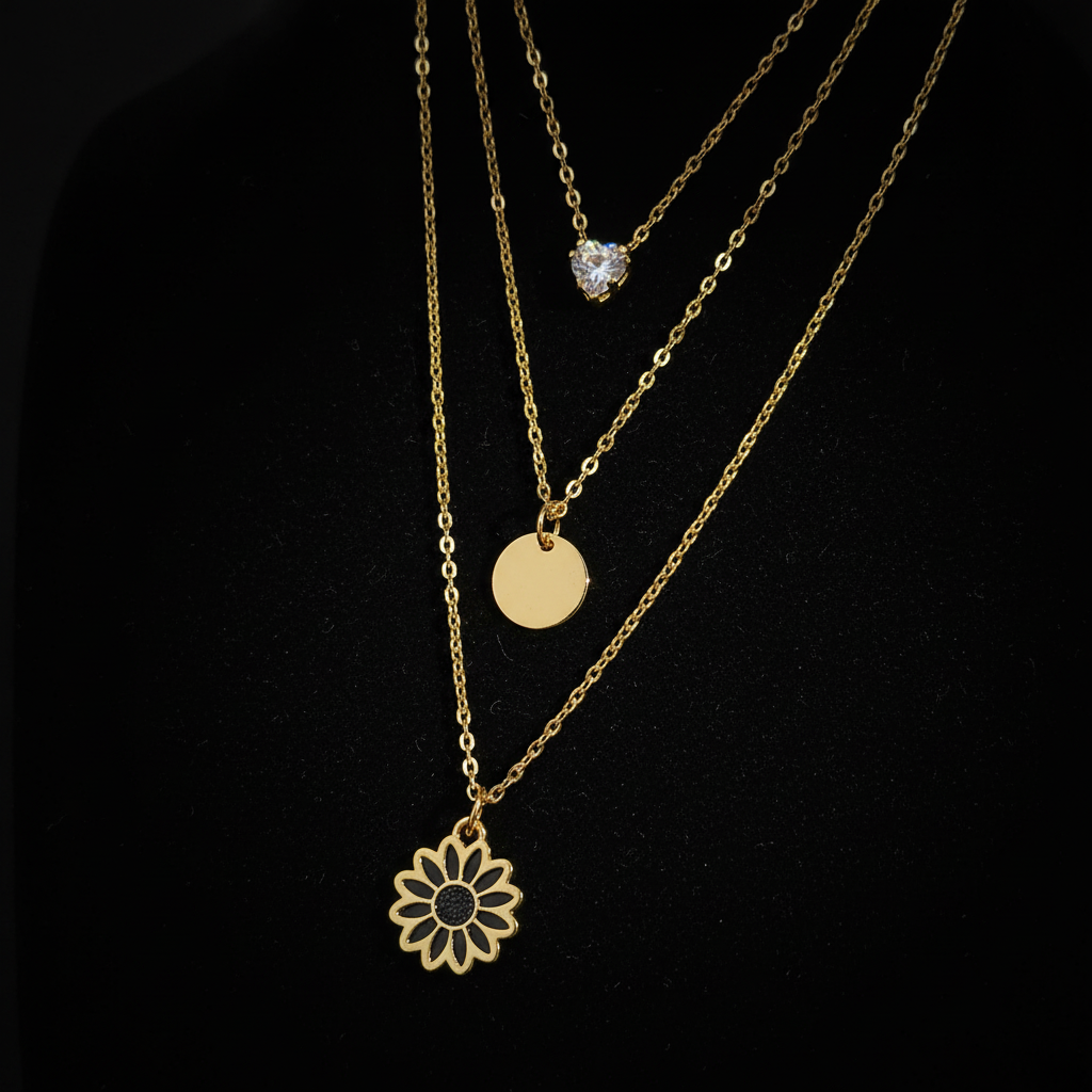 Triple Layer Sunflower Heart Necklace – Gold Chain