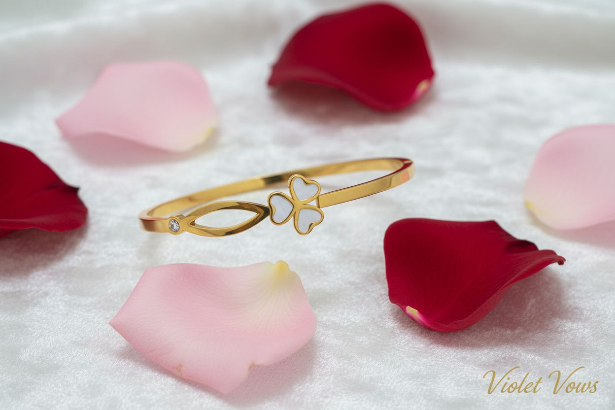 Gold Clover Charm Bracelet for Women – Minimal Stone Studded Elegant Bangle