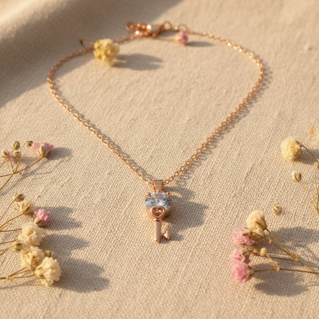 Rose Gold Crystal & Key Charm Pendant Necklace
