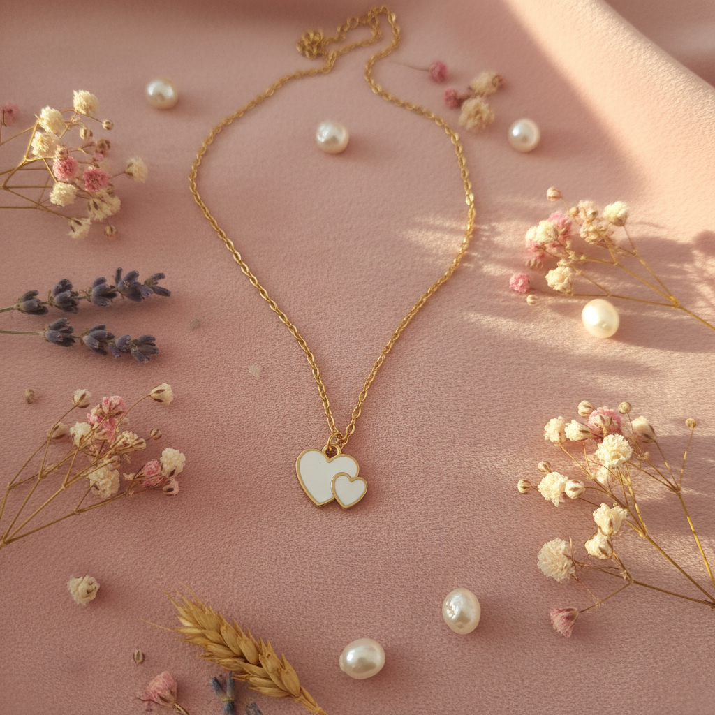 Double White Heart Charm Necklace – Gold Chain