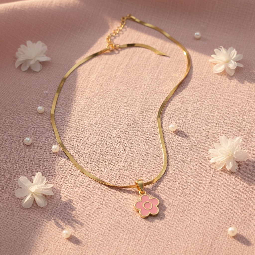 Pink Enamel Daisy Flower Pendant Necklace | Anti-Tarnish Gold Snake Chain