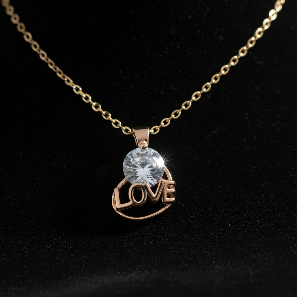 Crystal LOVE Heart Pendant Necklace – Gold Chain