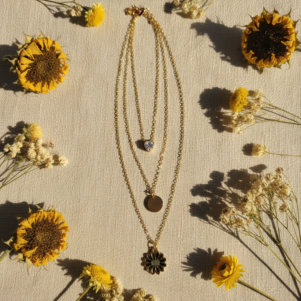 Triple Layer Sunflower Heart Necklace – Gold Chain
